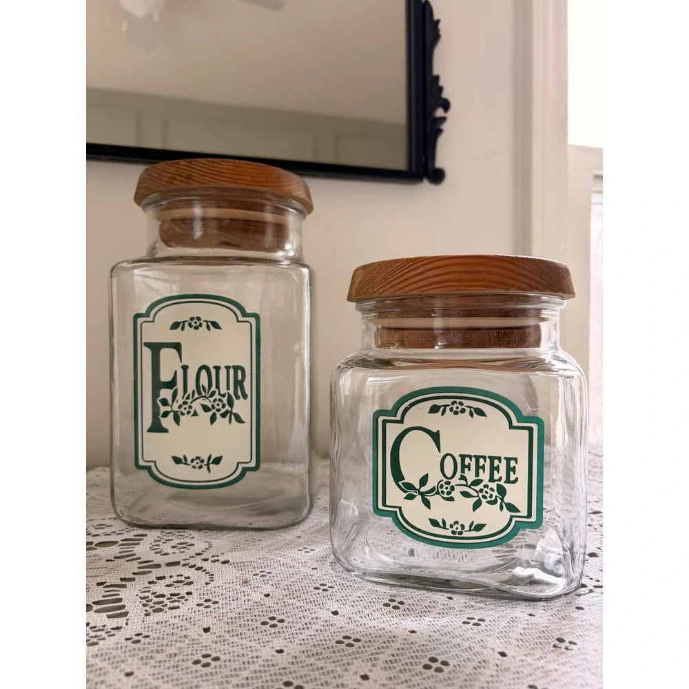 Vintage Anchor Hocking Glass Canister Set 4pc Green Floral Wood Lids